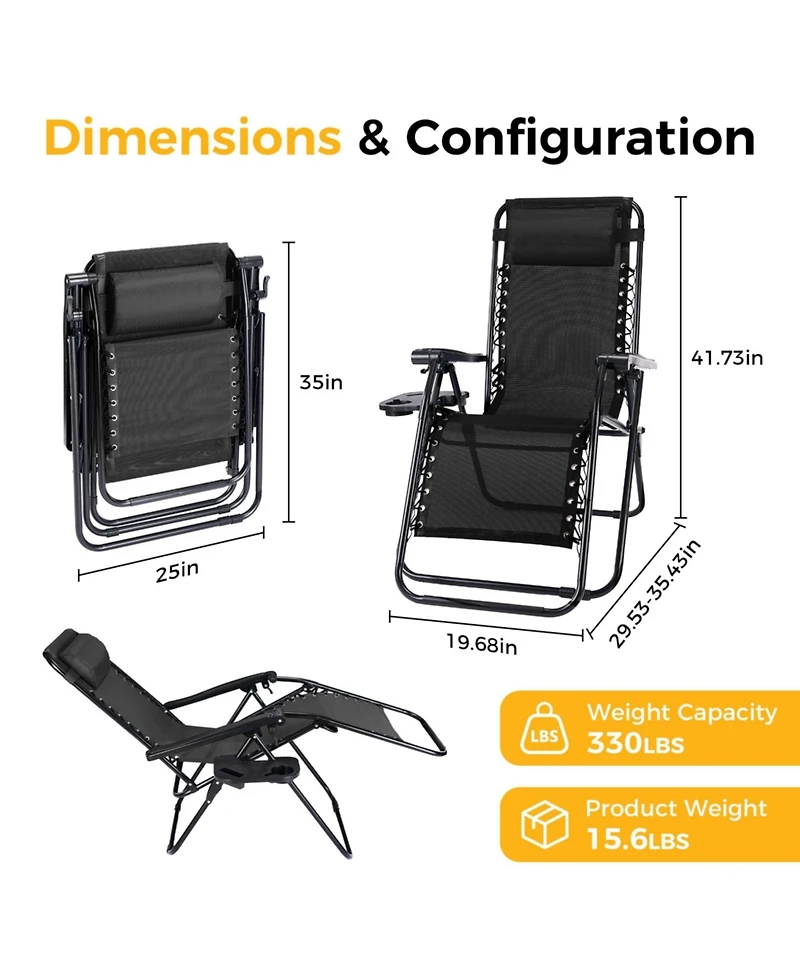 Yiortwo Set of 2 Zero Gravity Lounge Chairs Reclining Patio with Cup Holder
