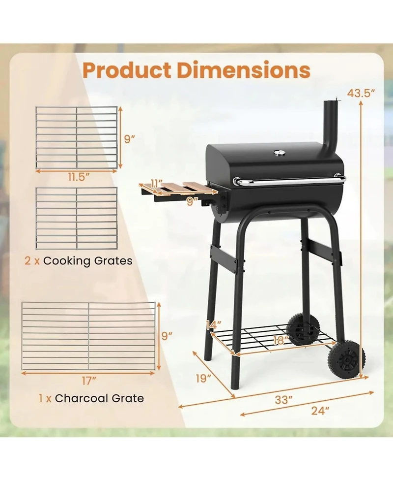 Yiortwo 24" Barrel Charcoal Grill with Thermometer, Foldable Side Table and Wheels