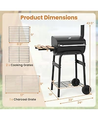 Yiortwo 24" Barrel Charcoal Grill with Thermometer, Foldable Side Table and Wheels