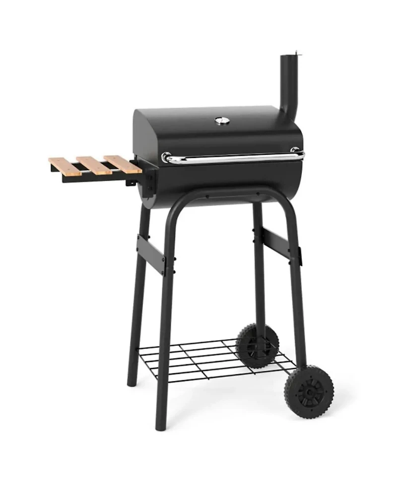 Yiortwo 24" Barrel Charcoal Grill with Thermometer, Foldable Side Table and Wheels