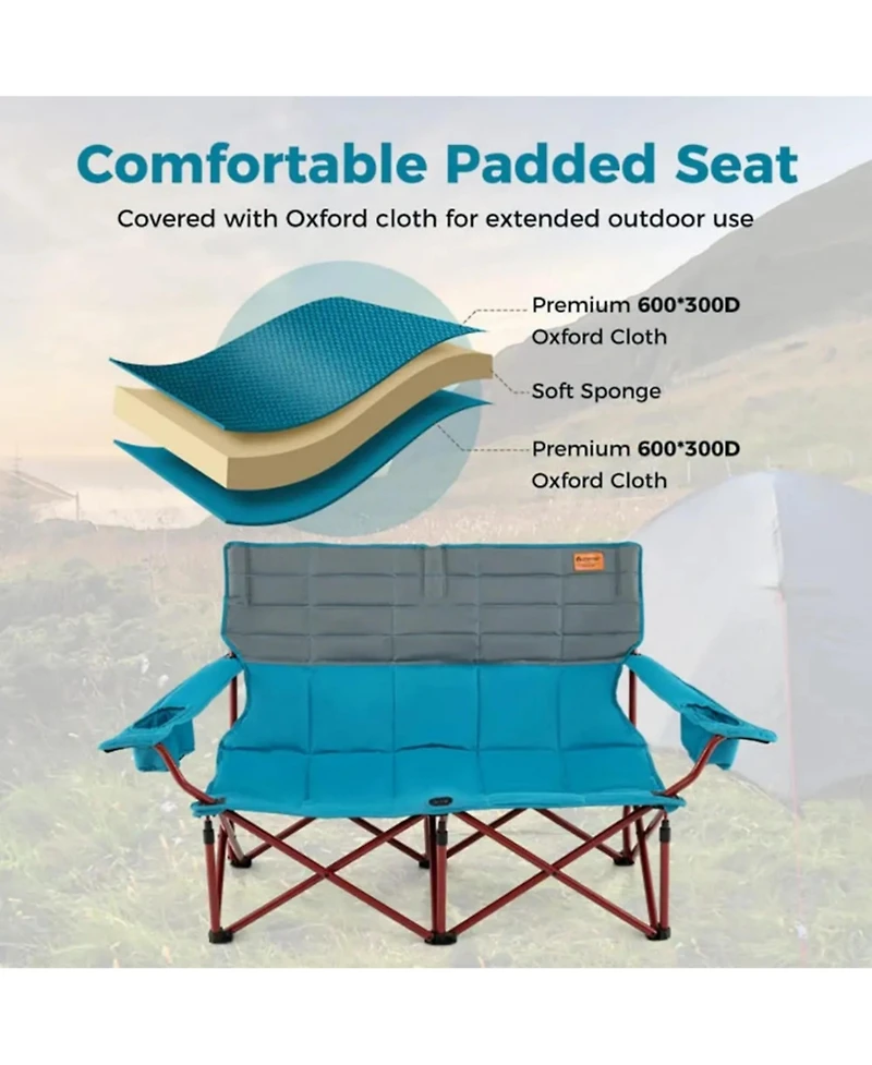 Yiortwo 2-Person Camping Chair Loveseat with Cup Holders, Folding Outdoor Sofa