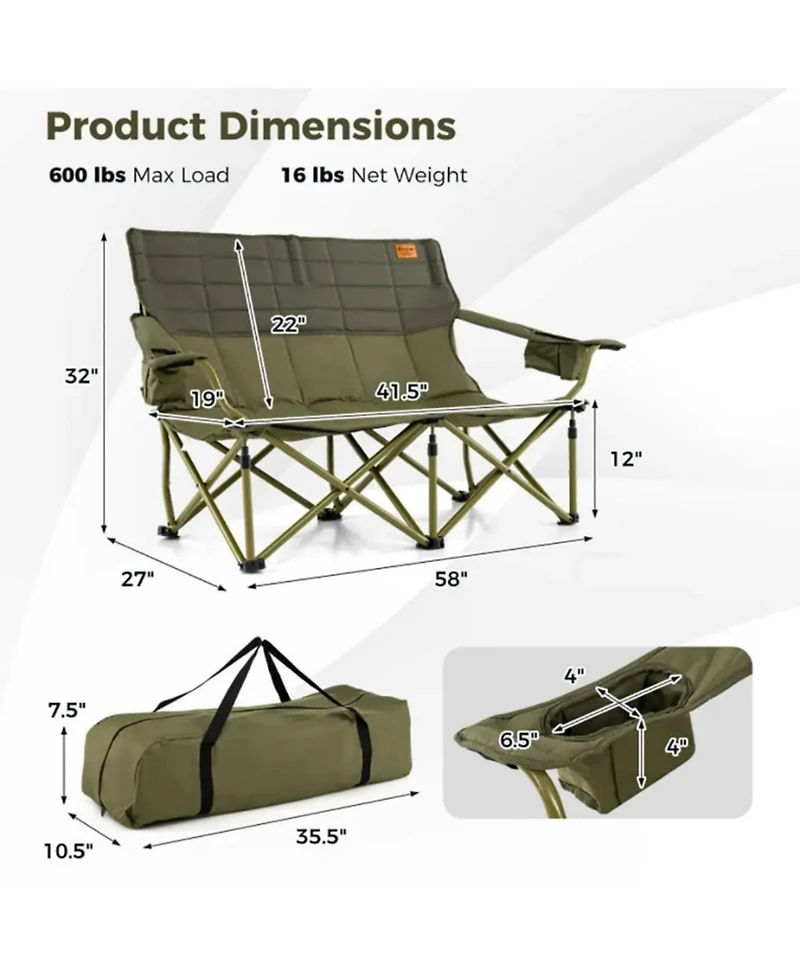 Yiortwo 2-Person Camping Chair Loveseat with Cup Holders, Folding Outdoor Sofa