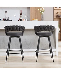 Dyhome 28 inch Bar Stools Set of 2, Modern Counter Height Stools, 360° Swivel Suede Fabric Stool Chairs with Woven Back and Footrest