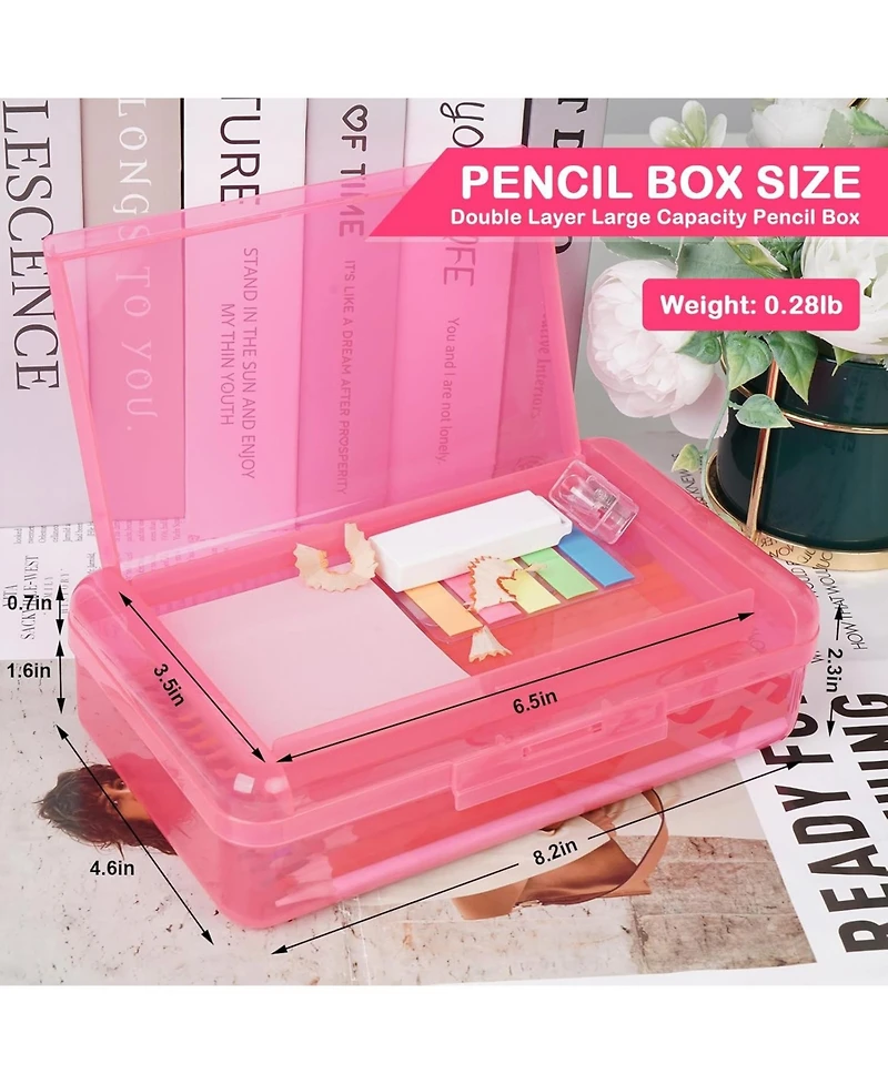 Danrong 2 Pack Double Layer Plastic Pencil Box Large Capacity, Hard Snap Lid Case for School Office Supplies