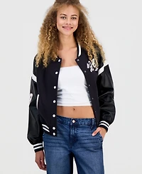 Madden Girl Juniors' Faux-Leather-Sleeve Bomber Jacket