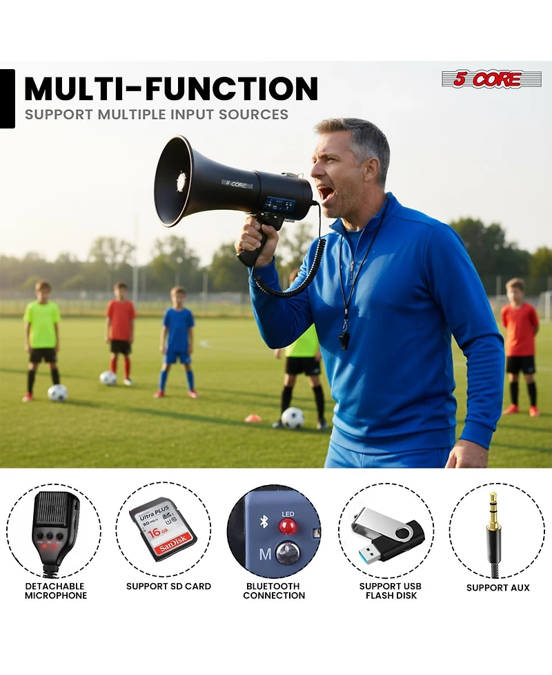 5 Core Megaphone Bullhorn 50W Speaker w Bluetooth Siren Adjustable Volume Loud Portable Pa System