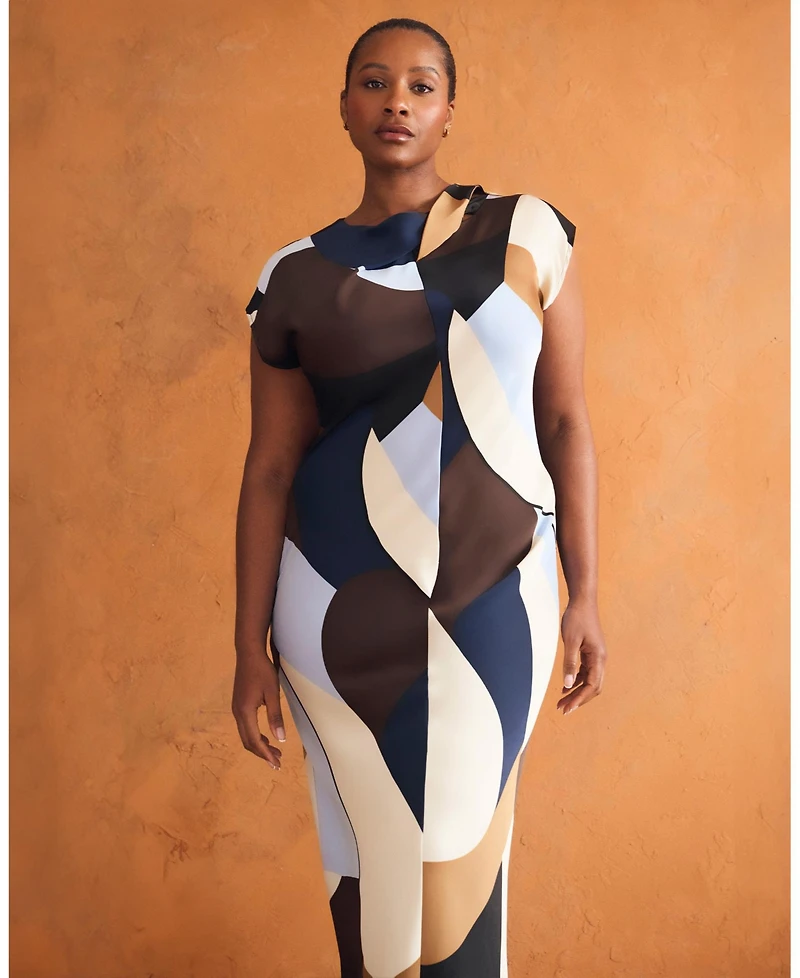 Estelle Plus Jorja Twist-Neck Print Satin Sheath Midi Dress