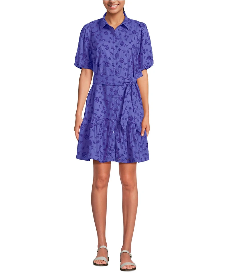 Lands' End Women's Elbow Sleeve Eyelet Knee Length Shirt Dress