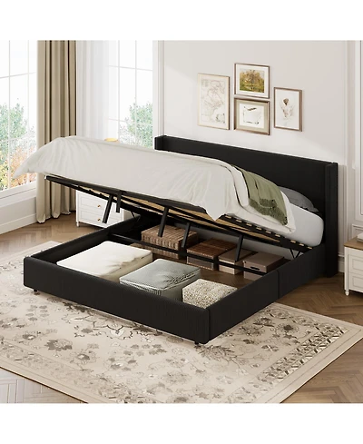 gaomon Lift Up Storage Bed Frame - Corduroy Upholstered Platform Bed with Gas Lift, Padded Headboard