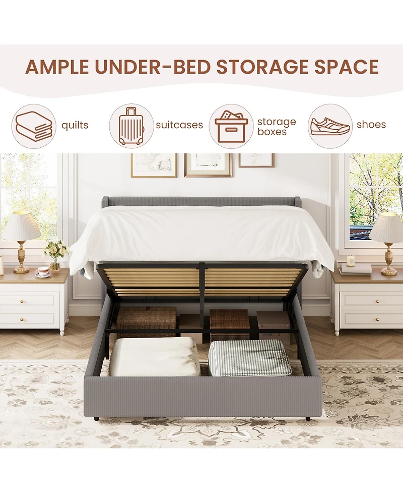 gaomon Lift Up Storage Bed Frame - Corduroy Upholstered Platform Bed with Gas Lift, Padded Headboard