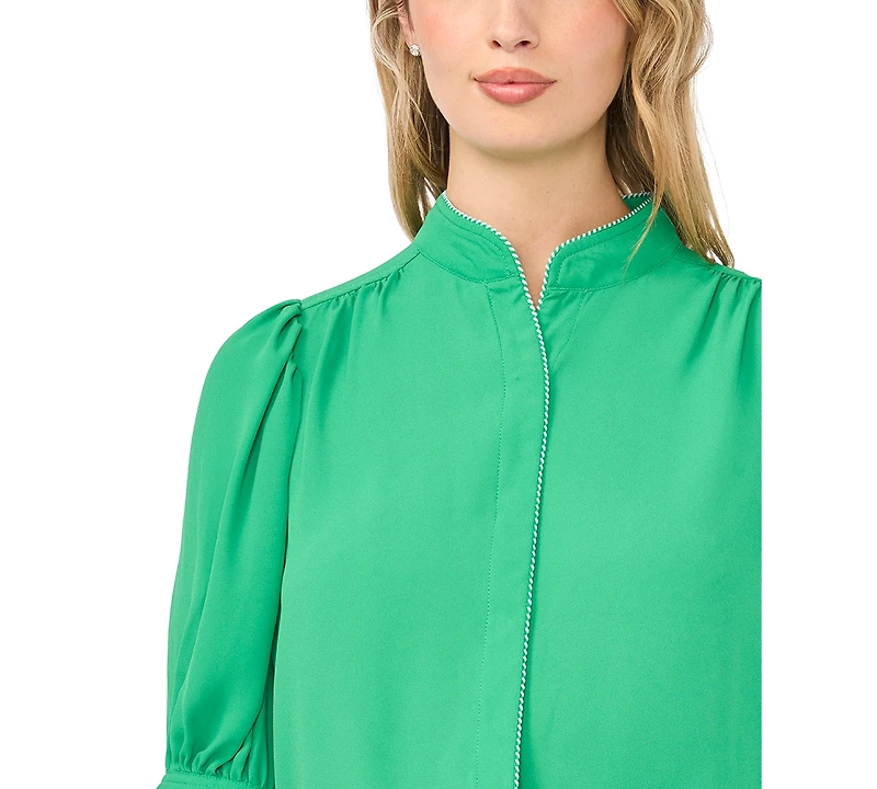 CeCe Women's Pearce Puff-Sleeve Open Collar Top