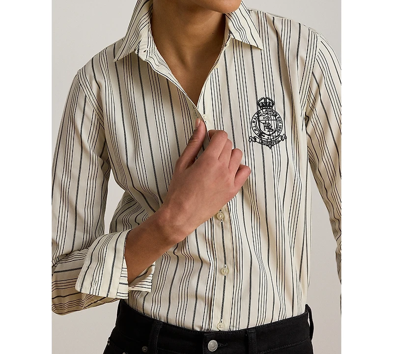 Lauren Ralph Petite Striped Collared Crest-Embroidered Shirt