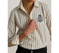 Lauren Ralph Petite Striped Collared Crest-Embroidered Shirt