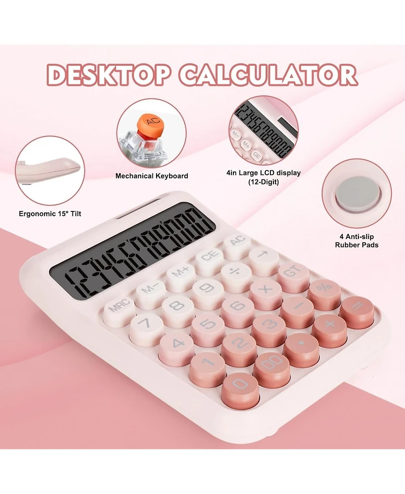 Danrong Mechanical Switch Big Button Calculator, 12 Digits Solar/Battery, Large Lcd Display Cute Pink for Teachers Students