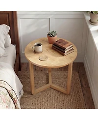 Gymax 2 piece Round Side Table w/Sturdy Rubber Wood Legs Triangular Structure for Bedroom