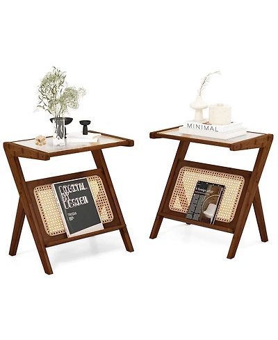 Gymax 2 Pieces Boho End Table with Magazine Rack Versatile Bamboo Bedside Table with Rattan Shelf