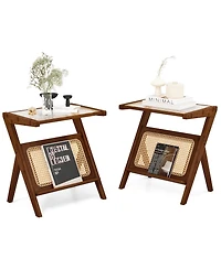 Gymax 2 Pieces Boho End Table with Magazine Rack Versatile Bamboo Bedside Table with Rattan Shelf