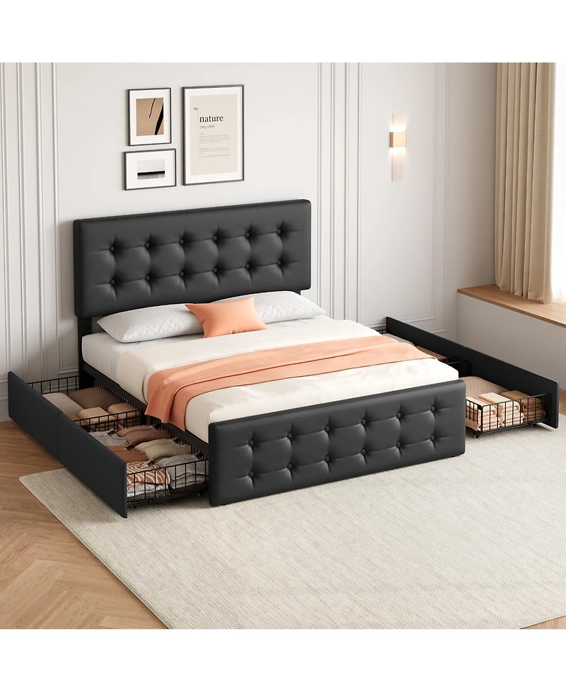 Homfan Upholstered Platform Bed Frame with 4 Storage Drawers, Button Tufted Headboard, Wooden Slats