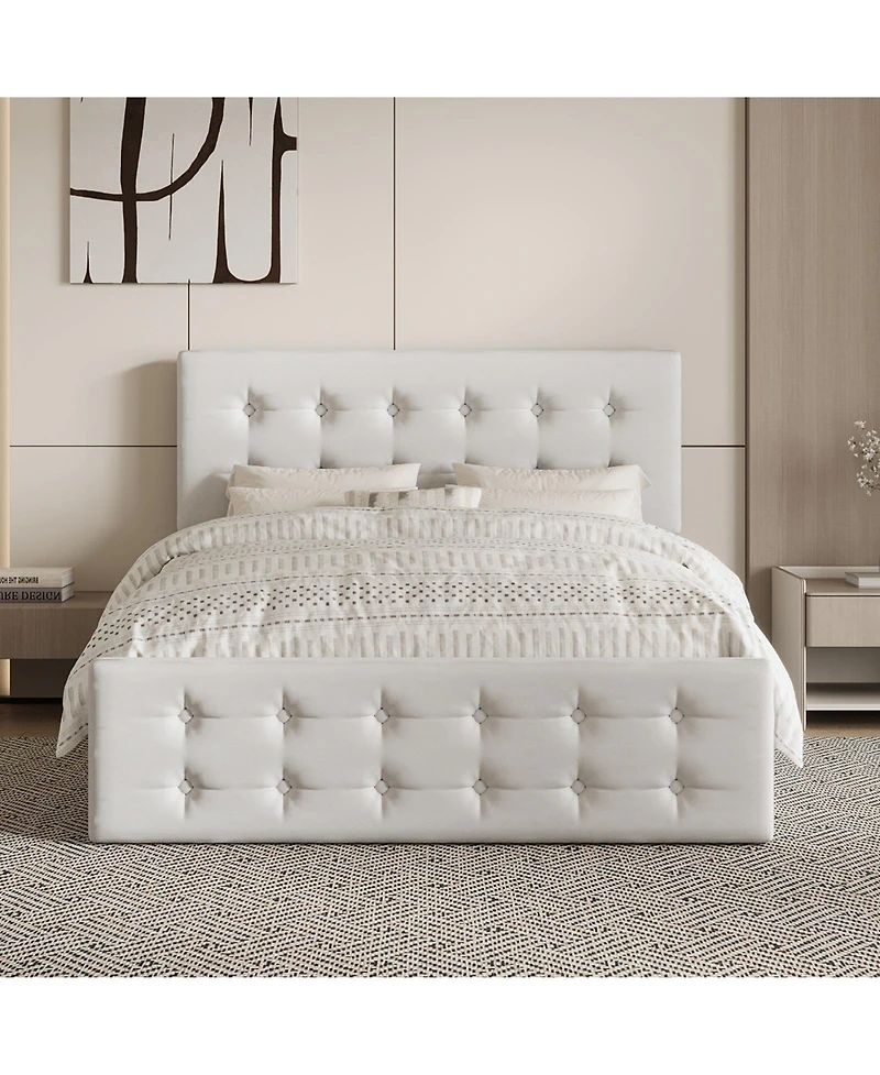 Homfan Upholstered Platform Bed Frame with 4 Storage Drawers, Button Tufted Headboard, Wooden Slats