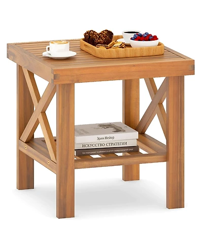 Gymax Outdoor Side Table Acacia Wood Adirondack Table with Storage Shelf