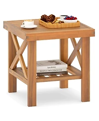 Gymax Outdoor Side Table Acacia Wood Adirondack Table with Storage Shelf