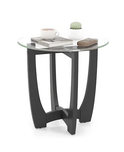 Gymax 23.5'' Round Side Table with Glass Tabletop Cross-shaped Solid Rubber Wood Frame