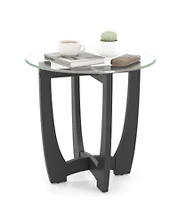 Gymax 23.5'' Round Side Table with Glass Tabletop Cross-shaped Solid Rubber Wood Frame