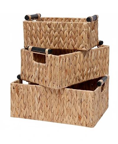 Yigii Storage Baskets 3 Pack Handwoven Water Hyacinth Wooden Handles Organizing Toys
