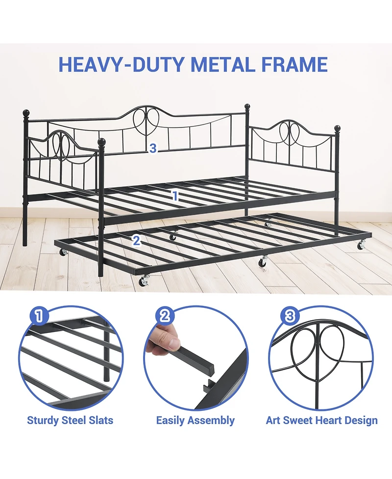 Daybed with Pull-Out Trundle, Metal Sofa Bed Frame with Slat Support and Decorative Headboards for Bedroom or Guest Room