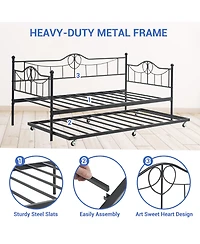 Daybed with Pull-Out Trundle, Metal Sofa Bed Frame with Slat Support and Decorative Headboards for Bedroom or Guest Room