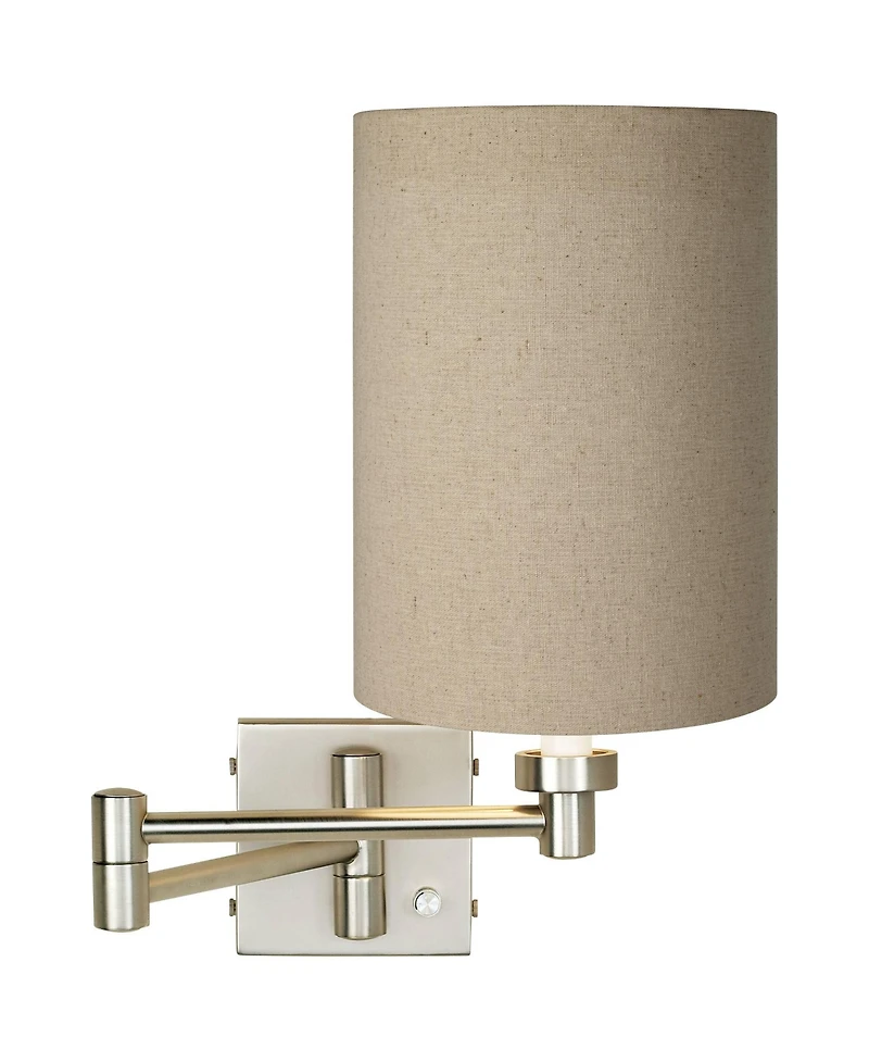Possini Euro Design Modern Swing Arm Wall Lamp Brushed Nickel Plug-In Light Fixture Cotton Blend Cylinder Shade for Bedroom