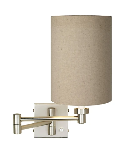 Possini Euro Design Modern Swing Arm Wall Lamp Brushed Nickel Plug-In Light Fixture Cotton Blend Cylinder Shade for Bedroom