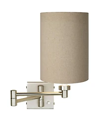 Possini Euro Design Modern Swing Arm Wall Lamp Brushed Nickel Plug-In Light Fixture Cotton Blend Cylinder Shade for Bedroom