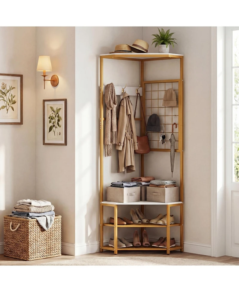 Slickblue Freestanding Corner Hall Tree with Removable Hooks & Shelves