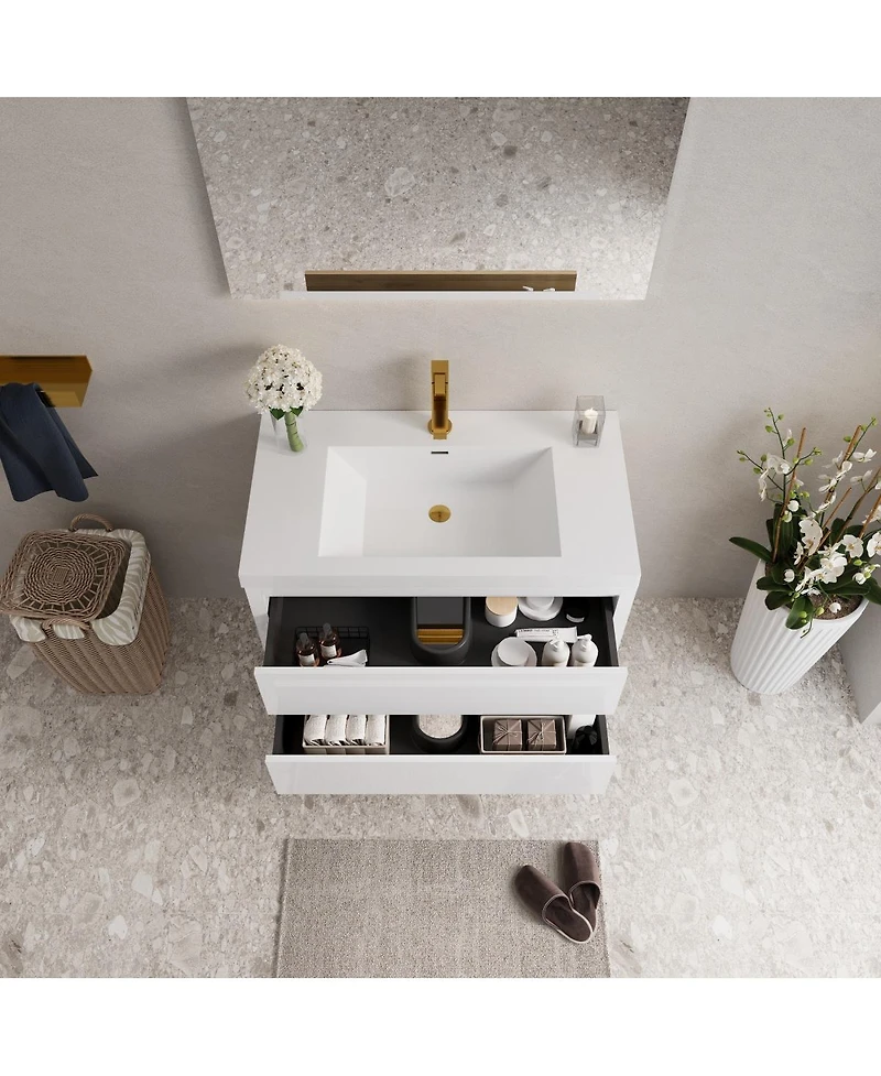 Sillysis Wall Mounted Bathroom Vanity with Glossy Resin Sink, Soft Close Drawers