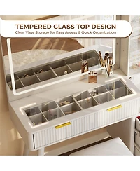 homfan Vanity Desk with Lighted Mirror, Glass Top Dressing Table Charging Station and Cushioned Storage Stool for Bedroom