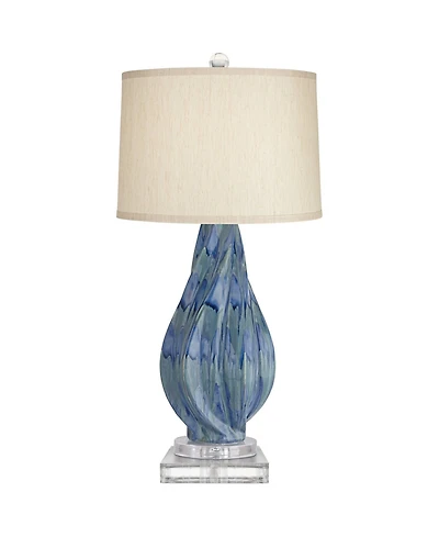 Possini Euro Design Teresa Modern Coastal Table Lamp with Square Riser 32.5 Inches Tall Drip Ceramic Drum Shade for Bedroom Living Room