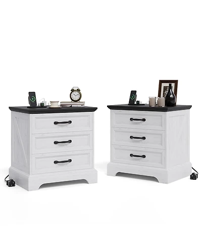 homfan Farmhouse Bedside End Table with Built-in Charging Station, 3 Large Drawers, Wooden Nightstand for Bedroom and Living Room