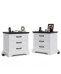 homfan Farmhouse Bedside End Table with Built-in Charging Station, 3 Large Drawers, Wooden Nightstand for Bedroom and Living Room
