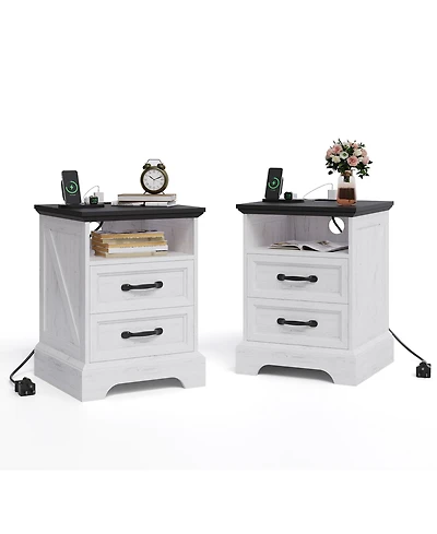 homfan Rustic Farmhouse Bedside Table with Charging Station, 2 Drawers, Usb and Ac Power Outlets, Durable Mdf Material, Metal Handles