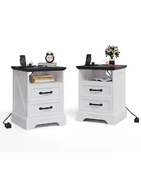 homfan Rustic Farmhouse Bedside Table with Charging Station, 2 Drawers, Usb and Ac Power Outlets, Durable Mdf Material, Metal Handles