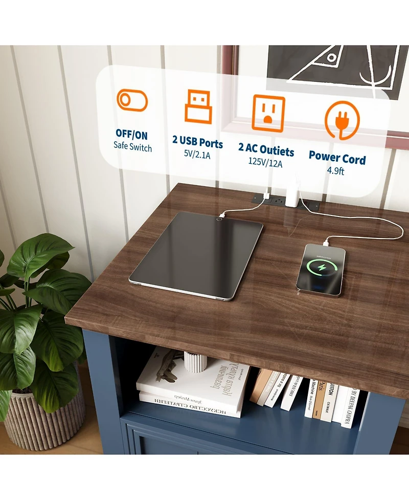 homfan 18 Inch Modern Farmhouse Wooden Bedside Table with Charging Station, 2 Drawers and Open Shelf, End Table for Bedroom and Living Room