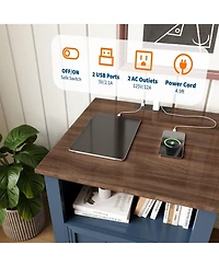 homfan 18 Inch Modern Farmhouse Wooden Bedside Table with Charging Station, 2 Drawers and Open Shelf, End Table for Bedroom and Living Room