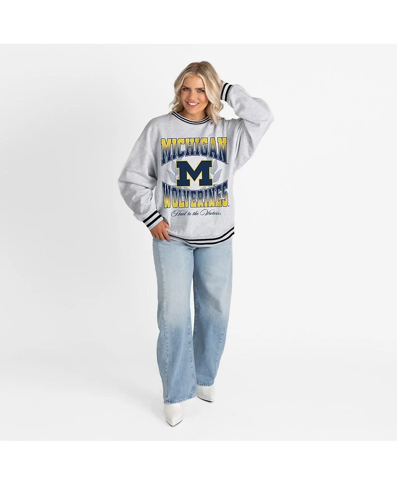 Gameday Couture Women's Ash Michigan Wolverines Oversized Fade Route Ringer Stripe Sweatshirt