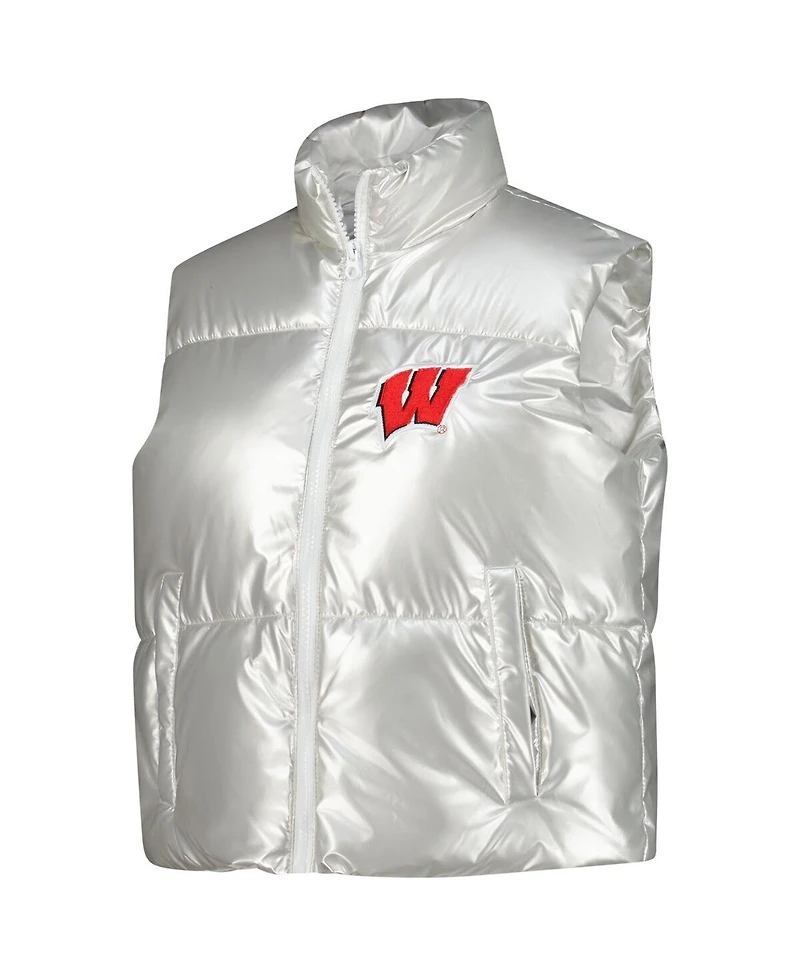 ZooZatz Women's Silver Wisconsin Badgers Metallic Cropped Full-Zip Sleeveless Puffer Vest