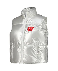 ZooZatz Women's Silver Wisconsin Badgers Metallic Cropped Full-Zip Sleeveless Puffer Vest