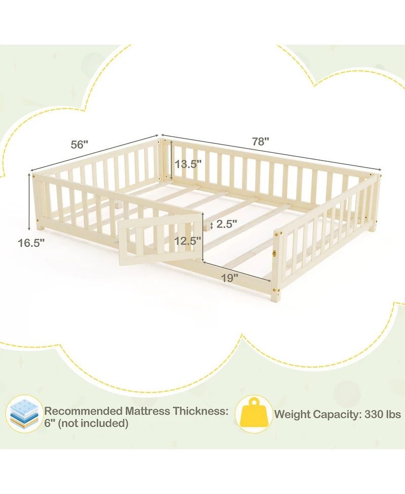 Sugift Montessori Bed Frame with Full-length Guardrails Safety Door and Latch