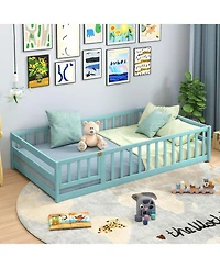 Sugift Twin Size Montessori Floor Bed Frame with Full Length Safety Guardrails