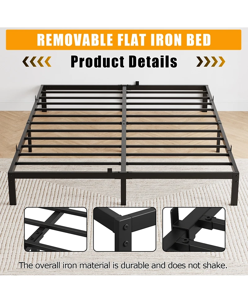 homfan Low Profile Metal Platform Bed Frame with Quiet Slats, Heavy Duty Support, No Box Spring Needed, Easy Assembly