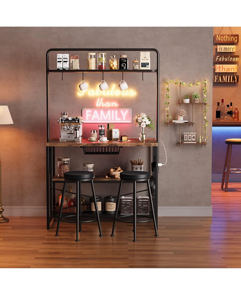 homfan 42 Inch Industrial Bar Table with Storage Power Outlet 2 Stools 3 Baker Rack 5 Hooks Microwave Stand Annual Rings Finish